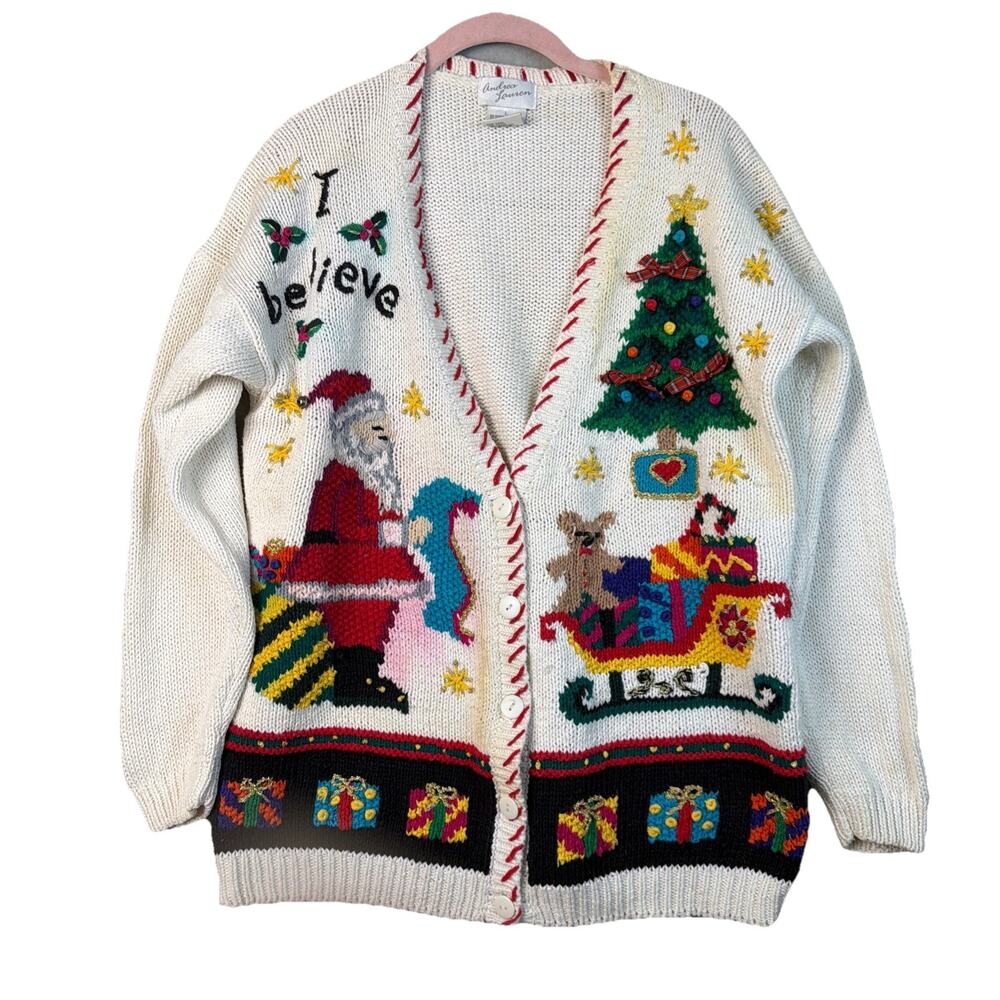VTG Andrea Lauren Womens L Cardigan Knit Christmas Santa Ramie Cotton Boho Ugly